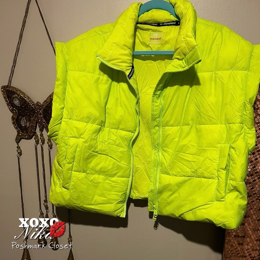 FP Movement by Free People Neon Highlighter YellowGreen Puffer Vest-XS OVERSIZED